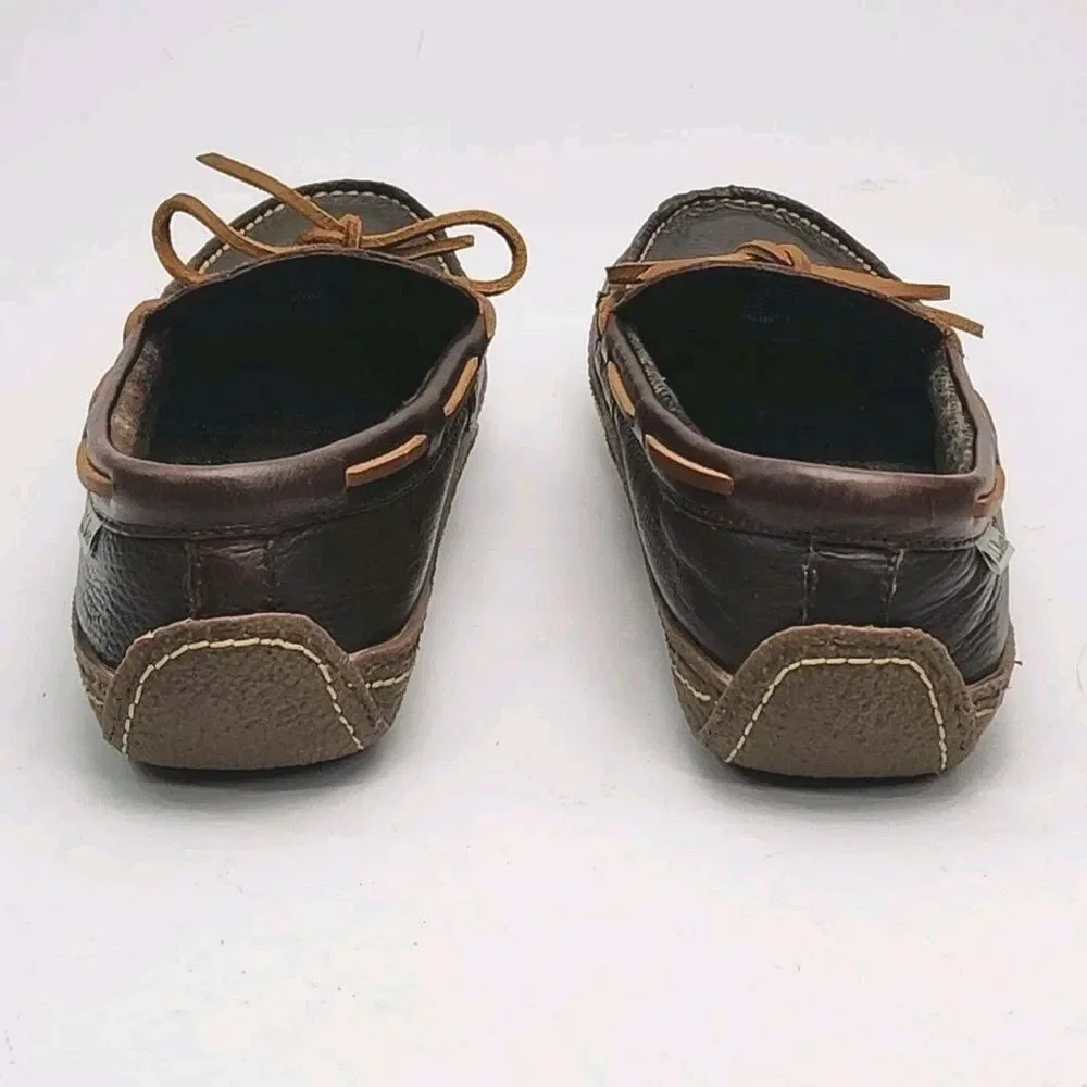 LL Bean Slipper Driving Loafer Men Sz 9 Brown Leather Flannel Line Moccasin Shoe
